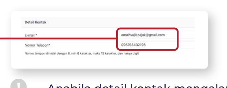 Formulir detail kontak berisi kolom email dan nomor telepon pada aktivasi Coretax