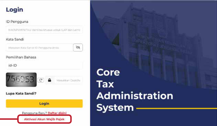 Halaman login Coretax DJP dengan tautan Aktivasi Akun Wajib Pajak di bawah tombol Login
