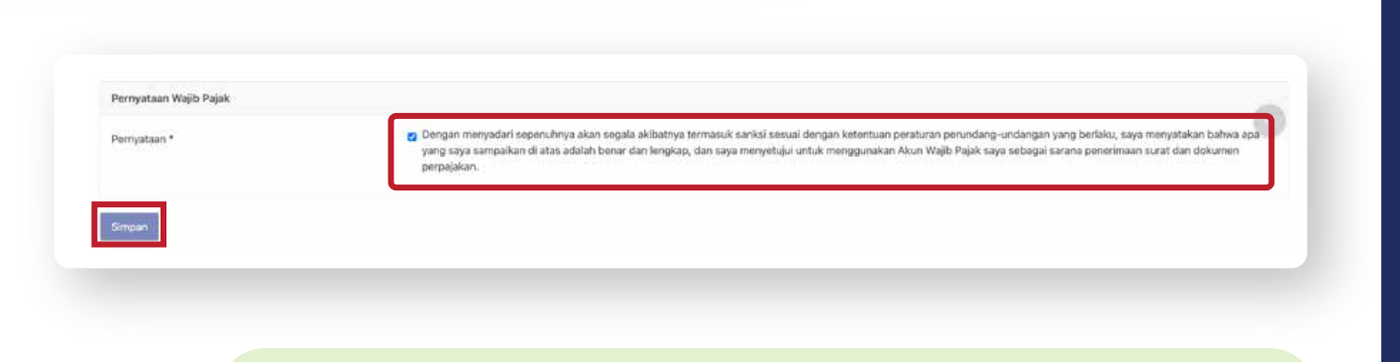 Kotak centang pernyataan wajib pajak dan tombol Simpan pada aktivasi Coretax