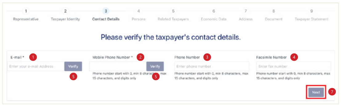 Formulir verifikasi detail kontak badan dengan kolom email dan telepon