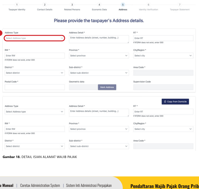 Formulir detail alamat wajib pajak pada pendaftaran Coretax