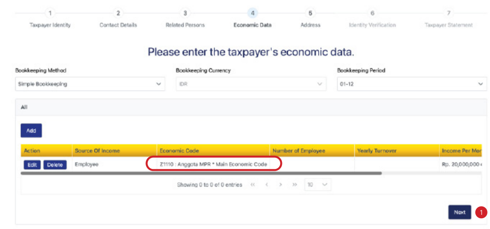 Formulir data ekonomi wajib pajak berisi sumber penghasilan dan metode pembukuan