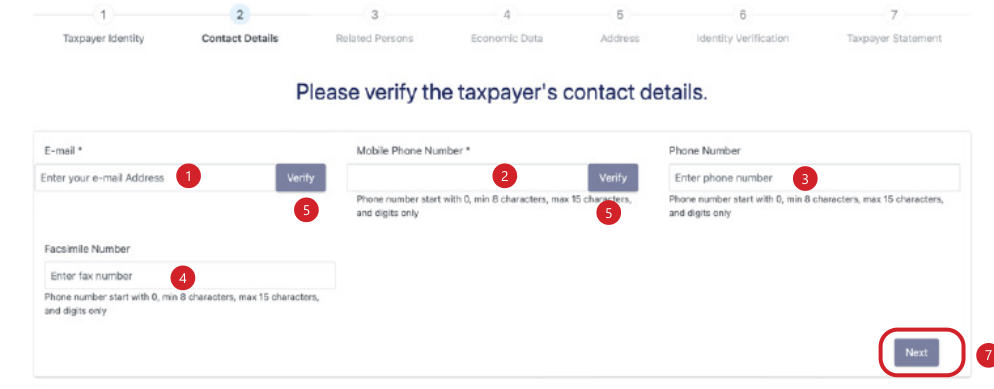 Formulir detail kontak dengan verifikasi email dan nomor ponsel