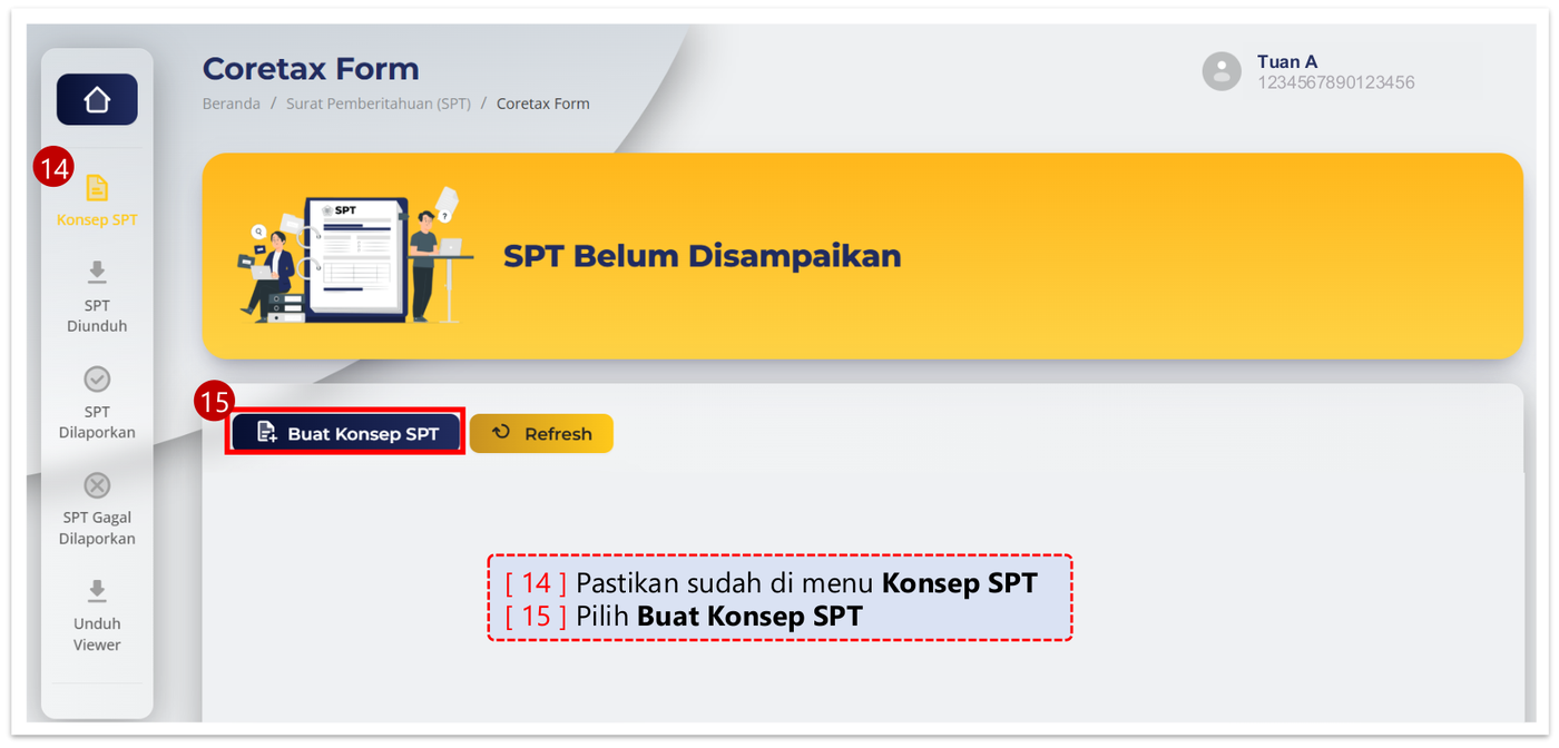 Tombol Buat Konsep SPT di modul Surat Pemberitahuan Coretax