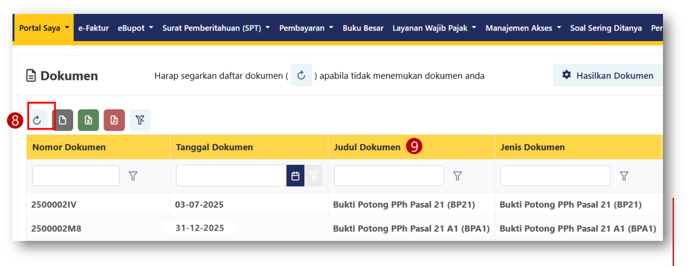 Daftar dokumen di Coretax berisi bukti potong PPh Pasal 21 dengan tombol saring