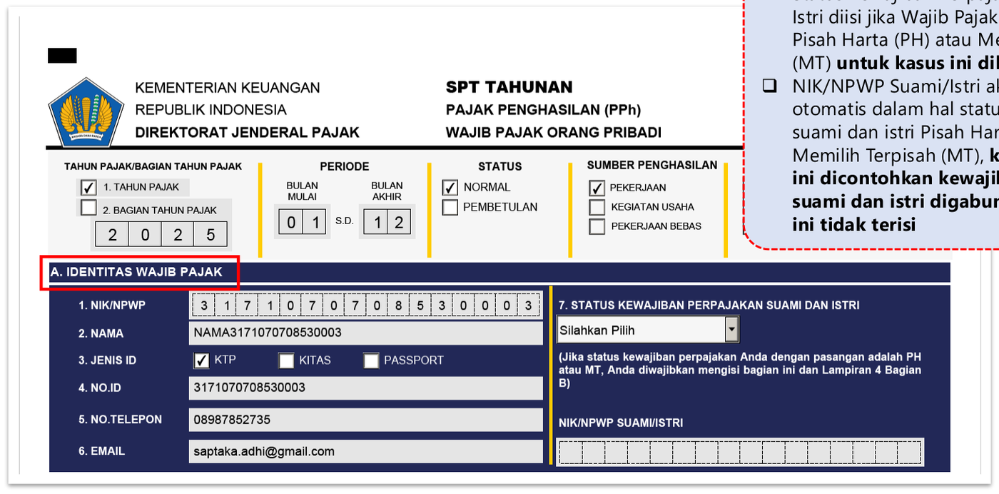 Bagian A identitas wajib pajak pada induk SPT Tahunan di Coretax Form