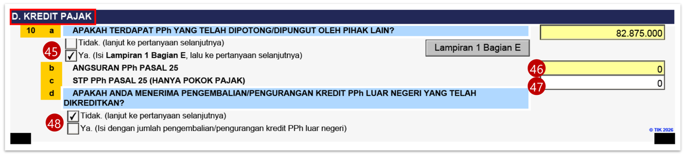 Bagian D kredit pajak pada induk SPT dengan pertanyaan PPh yang telah dipotong
