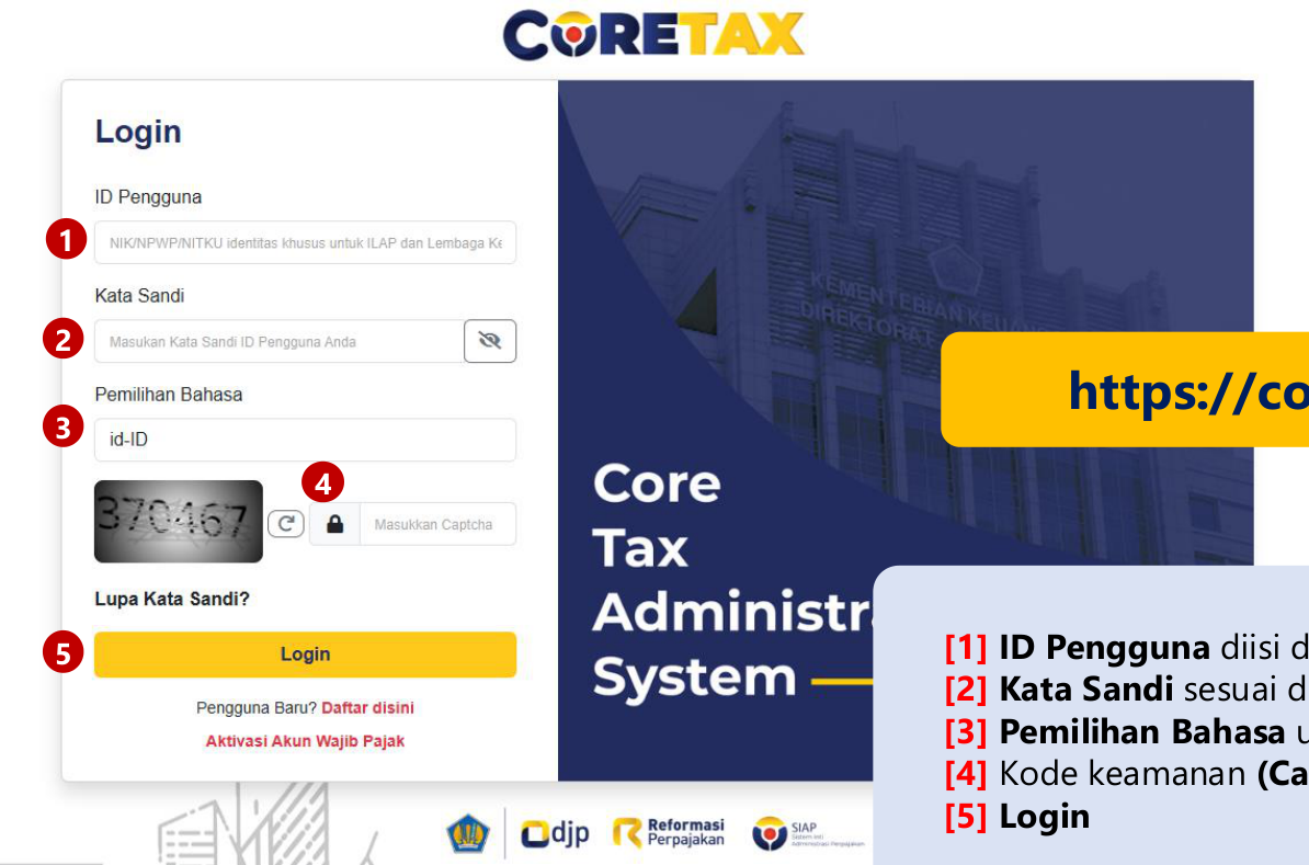Halaman login Coretax dengan tautan pendaftaran untuk pengguna baru