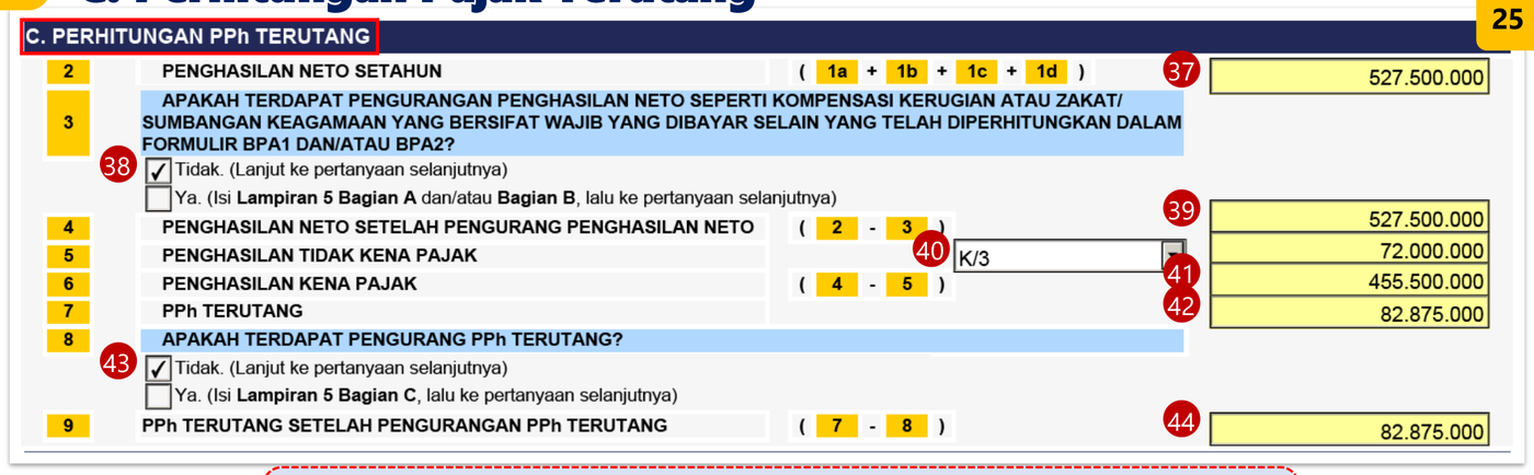 Bagian C perhitungan pajak terutang dengan pilihan status PTKP pada induk SPT