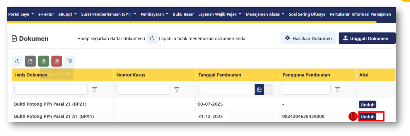 Tombol unduh pada baris bukti potong PPh Pasal 21 A1 di Coretax